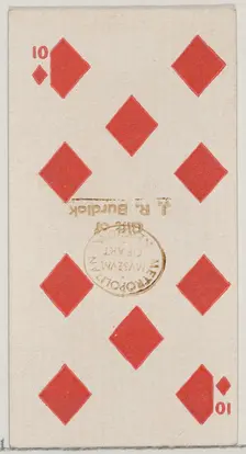 Ten Diamonds (red), from the Playing Cards series (N84) for Duke brand cigarettes, 1888., 1888. Creator: Unknown