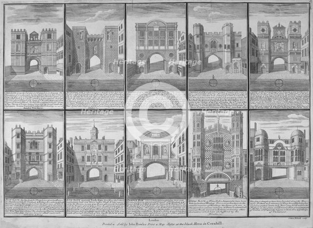 Ten gateways in the City of London and the City of Westminster, 1720.               Artist: Sutton Nicholls