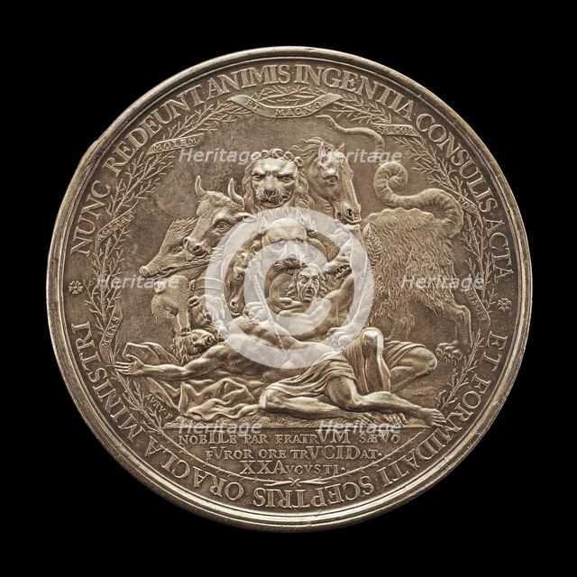 Ten-Headed Monster Preying on Two Nude Bodies [reverse], 1672. Creator: Pierre Aury.