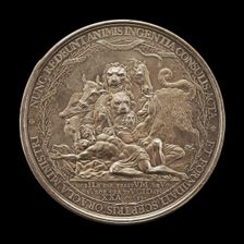 Ten-Headed Monster Preying on Two Nude Bodies [reverse], 1672. Creator: Pierre Aury