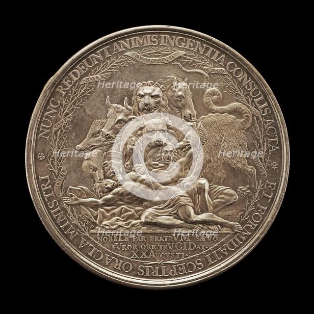 Ten-Headed Monster Preying on Two Nude Bodies [reverse], 1672. Creator: Pierre Aury.