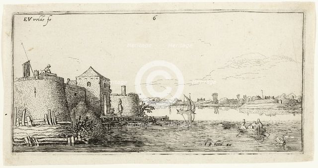 Ten Landscapes: Walled River Town to the Left of a River, 1615/16. Creator: Esaias van de Velde.