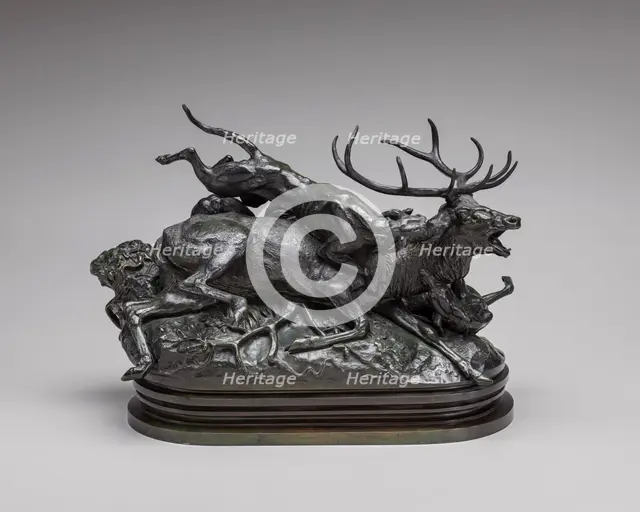 Ten-Point Stag Brought Down by Two Scotch Hounds, model n.d., cast possibly c. 1857/1873. Creator: Antoine-Louis Barye.