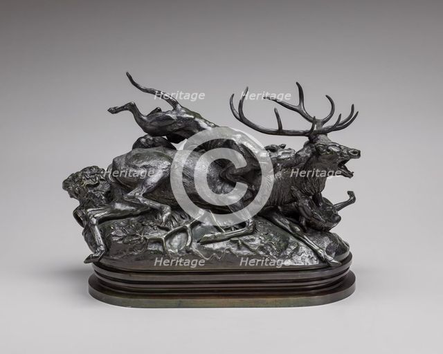 Ten-Point Stag Brought Down by Two Scotch Hounds, model n.d., cast possibly c. 1857/1873. Creator: Antoine-Louis Barye.