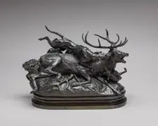 Ten-Point Stag Brought Down by Two Scotch Hounds, model n.d., cast possibly c. 1857/1873. Creator: Antoine-Louis Barye