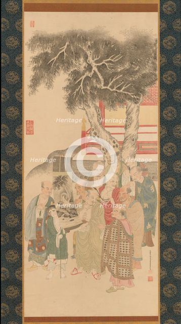 Ten Rakan Examining a Painting of White-Robed Kannon, 1792. Creator: Kato Nobukiyo.