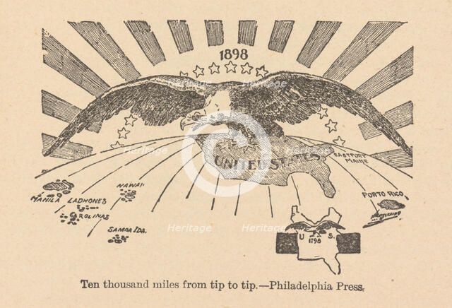 Ten thousand miles from tip to tip, the American Eagle spreads his wings from the..., 1898. Creator: Anonymous.