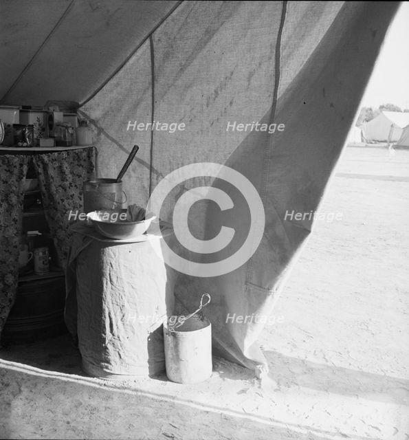 Tent of migratory workers in FSA camp (emergency), Calipatria, Calififornia, 1939. Creator: Dorothea Lange.