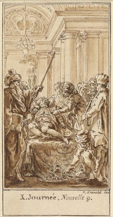Tenth Day, Ninth Story: Saladin Bestows Rich Gifts on the Sleeping Torello, c. 1757. Creator: Hubert Francois Gravelot