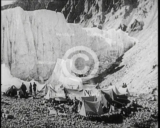 Tents and Groups of Civilians at a Base Camp at the Foot of Mount Everest, 1924. Creator: British Pathe Ltd.