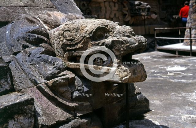 Teotihuacan, Temple of Quetzalcoatl, sculpture of the head of a snake emerging from a kind of ruf…