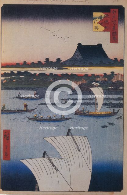 Teppozu and Tsukiji Monzeki Temple (One Hundred Famous Views of Edo), 1856-1858. Artist: Hiroshige, Utagawa (1797-1858)