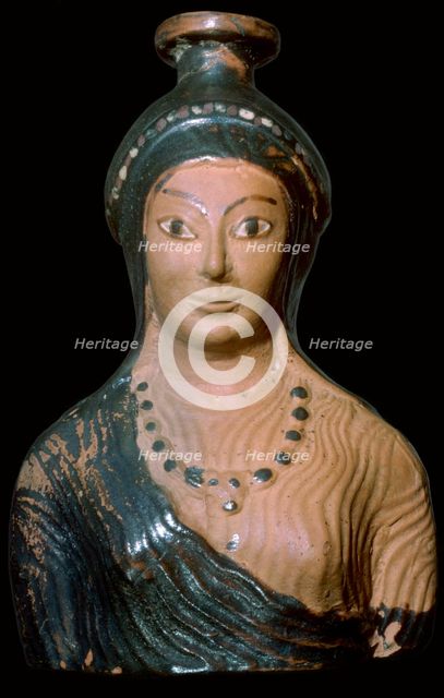 Teracotta scent-bottle in the shape of a woman's bust, made in Rhodes. Artist: Unknown