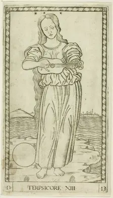 Terpsichore, plate thirteen from Apollo and the Muses, c.1465. Creator: Unknown