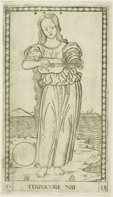 Terpsichore, plate thirteen from Apollo and the Muses, c.1465. Creator: Unknown