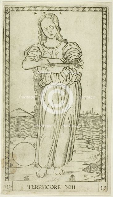 Terpsichore, plate thirteen from Apollo and the Muses, c.1465. Creator: Unknown.