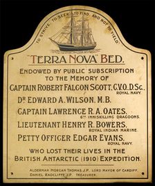 Terra Nova bed plaque, Hamadryad Hospital, Cardiff, c1910s. Creator: Unknown