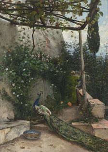 Terrace with Peacock, the Alhambra, 1884. Creator: Hugo Birger