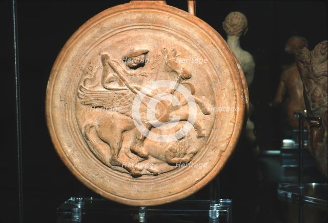 Terracotta Flask with moulded medallion, Bellerophon killing the Chimaera, c300BC-c250BC. Artist: Unknown.