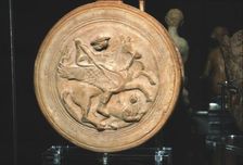 Terracotta Flask with moulded medallion, Bellerophon killing the Chimaera, c300BC-c250BC