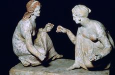 Terracotta group of 'knucklebone' (astragalos) players, Hellenistic Greek, c330-c300 BC. Artist: Unknown