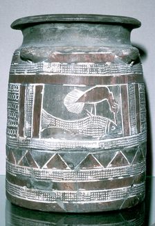 Terracotta pot with motif of bird eating a fish, Susa, c2000-c1940 BC