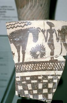 Terracotta pottery fragment of a human figure between two horses, Tepe Sialk, Iran, 4th mil. BC