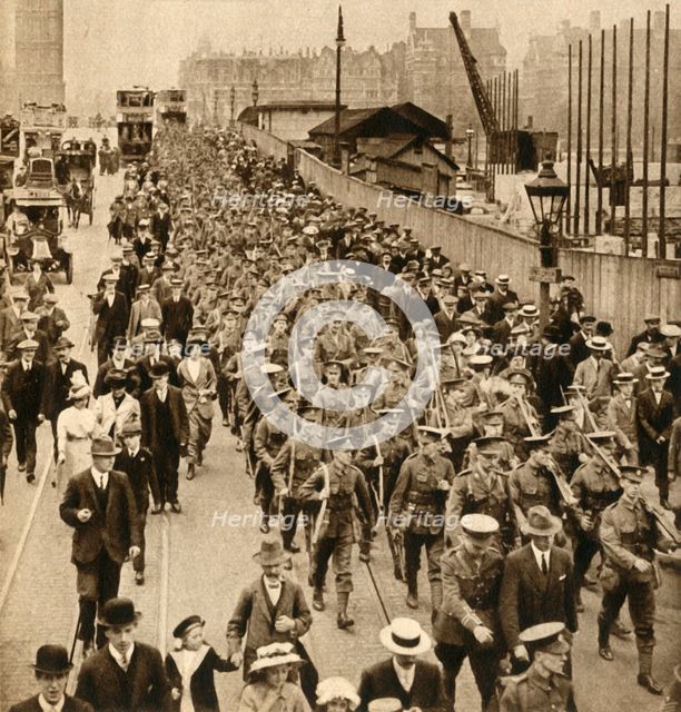 'Territorials from Summer Camp - Terriers marching easy over Westminster Bridge', 1914-1918, (1933). Creator: Unknown.