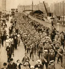 Territorials from Summer Camp - Terriers marching easy over Westminster Bridge 1914-1918, (1933). Creator: Unknown