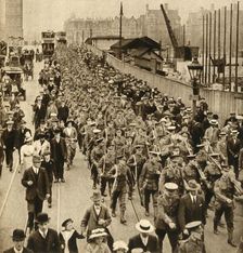 Territorials from Summer Camp - Terriers marching easy over Westminster Bridge 1914-1918, (1933). Creator: Unknown