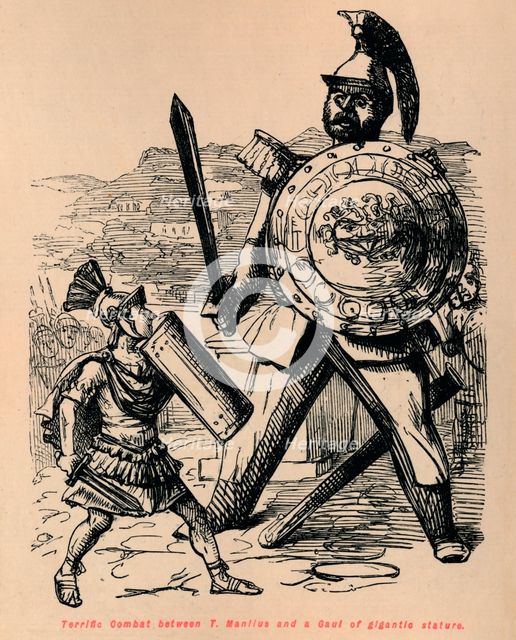 'Terrific Combat between T Manlius and a Gaul of gigantic stature', 1852. Artist: John Leech.