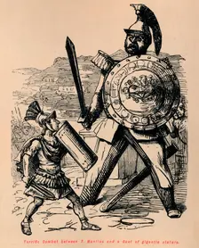 Terrific Combat between T Manlius and a Gaul of gigantic stature 1852. Artist: John Leech