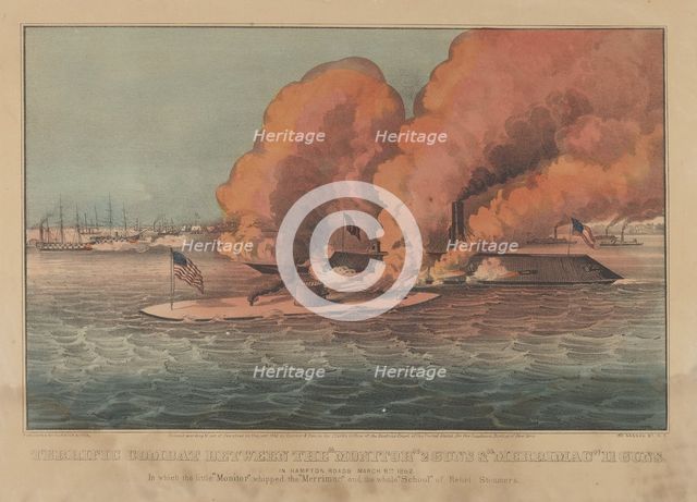 Terrific Combat Between the "Monitor" 2 Guns & "Merrimac" 11 Guns - In Hampton Roads March..., 1862. Creators: Nathaniel Currier, James Merritt Ives, Currier and Ives.