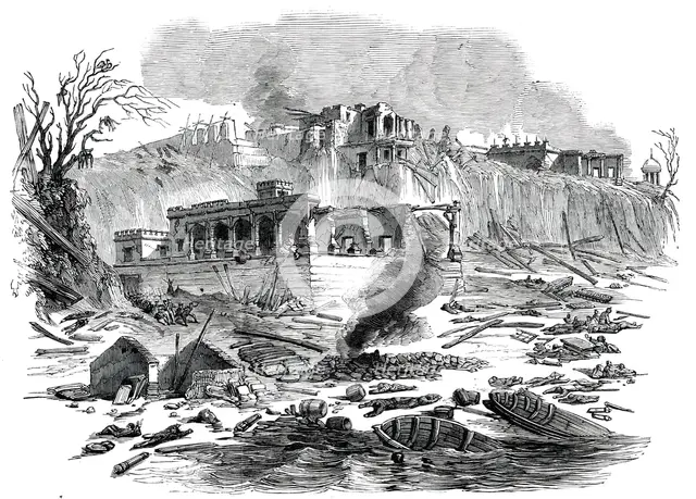 Terrific Explosion at the Raj Ghaut Ferry, Benares, 1850. Creator: Unknown.