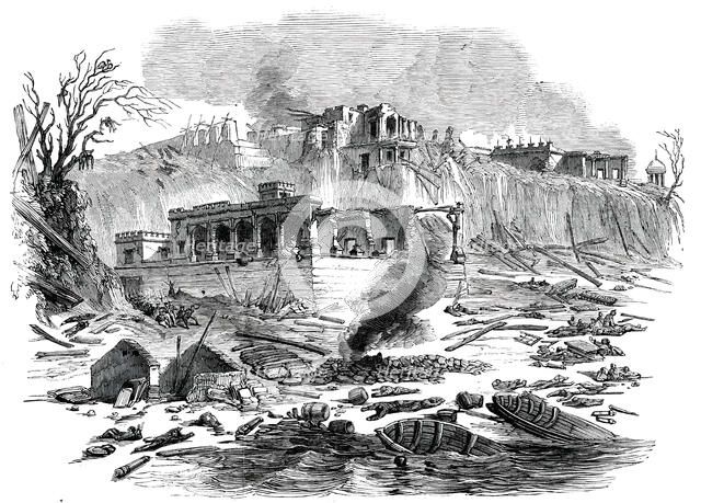 Terrific Explosion at the Raj Ghaut Ferry, Benares, 1850. Creator: Unknown.