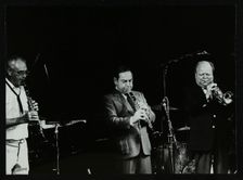 Terry Lightfoot, Peanuts Hucko and Billy Butterfield playing at Potters Bar, Hertfordshire, 1986. Creator: Denis Williams