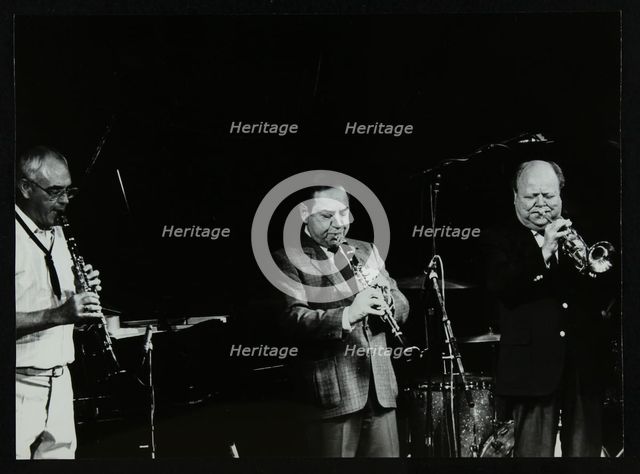 Terry Lightfoot, Peanuts Hucko and Billy Butterfield playing at Potters Bar, Hertfordshire, 1986. Creator: Denis Williams.
