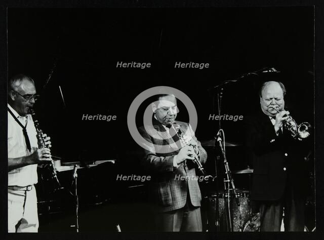 Terry Lightfoot, Peanuts Hucko and Billy Butterfield playing at Potters Bar, Hertfordshire, 1986. Artist: Denis Williams