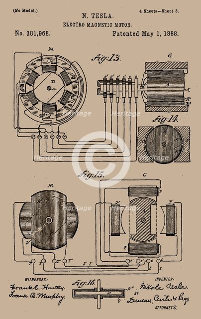 Tesla's Electro-magnetic motor patent. Creator: Historic Object.