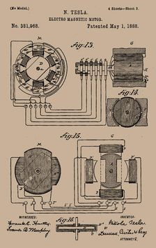 Tesla's Electro-magnetic motor patent. Creator: Historic Object