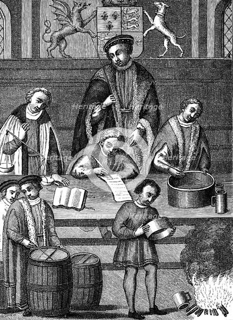 Testing weights and measures during the reign of Henry VII, England, 1497-1509. Artist: Unknown
