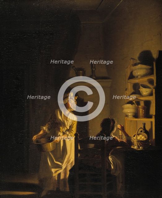 Testing Eggs. Interior of a Kitchen, late 18th-early 19th century. Creator: Per Hillestrom.