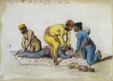 Thugs in the act of strangling a traveller 1838. Creator: Frances Eden