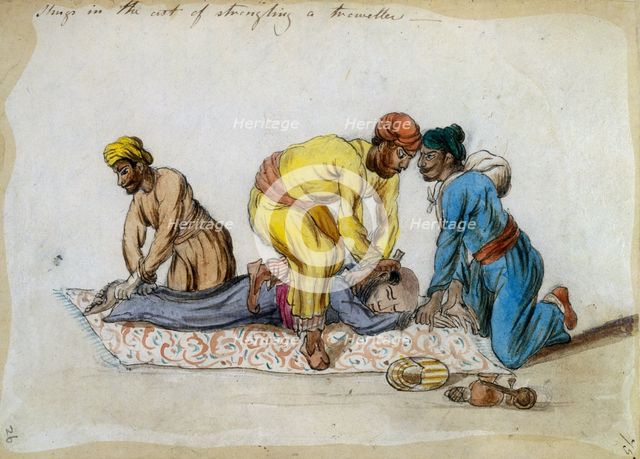 'Thugs in the act of strangling a traveller', 1838.  Creator: Frances Eden.
