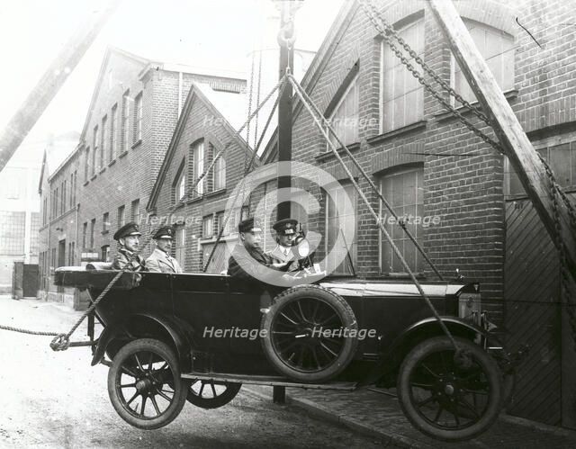 Thulin Type A car suspended from a crane, Landskrona, Sweden, 1923. Artist: Unknown