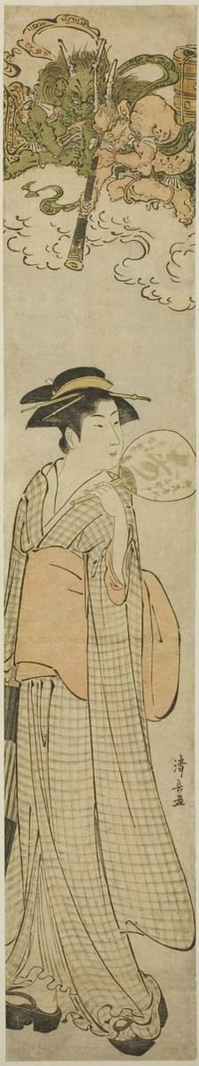 Thunder gods peeping at a beauty through a telescope, c. 1782. Creator: Torii Kiyonaga