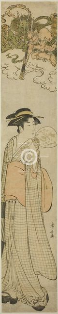 Thunder gods peeping at a beauty through a telescope, c. 1782. Creator: Torii Kiyonaga.
