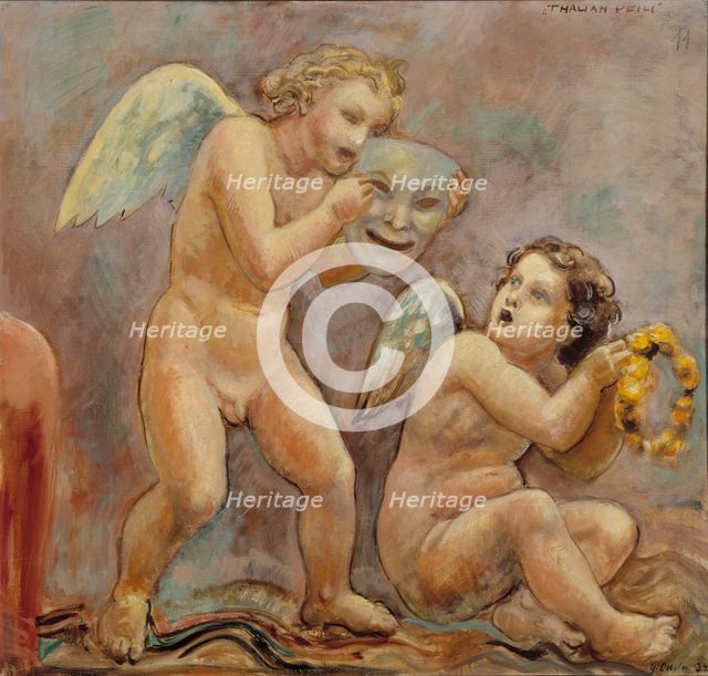 Thalia's mirror, sketch of the National Theater ceiling painting, detail, 1932. Creator: Yrjö Aleksander Ollila.
