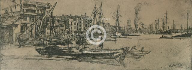 'Thames Warehouses', 1859, (1904). Artist: James Abbott McNeill Whistler.
