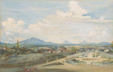 Thamrin Square in Semarang with the volcanoes Sindoro and Soembing in the background, 1930. Creator: Frans Bakker